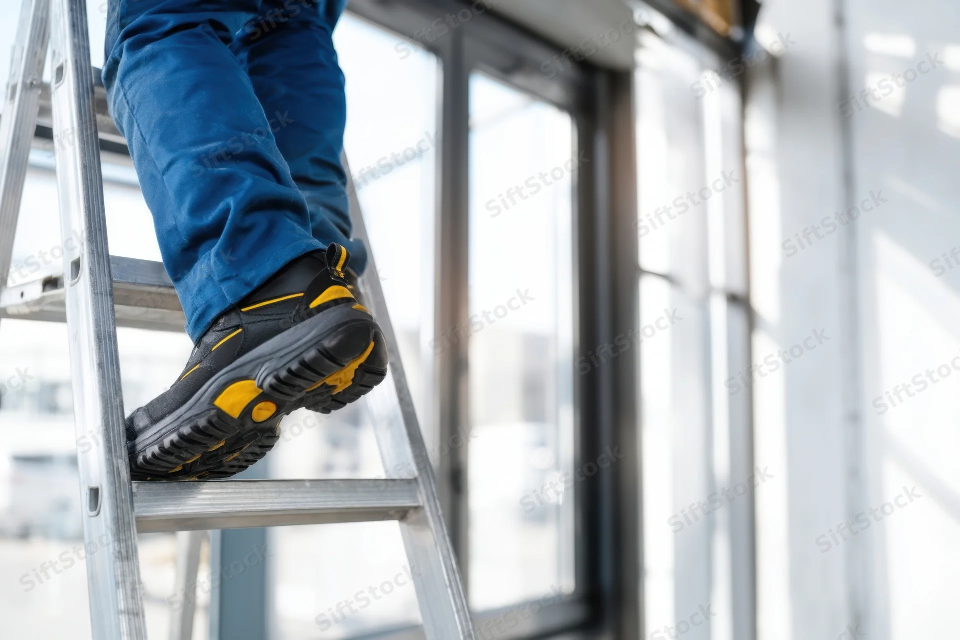 Worker climbing a metal ladder outside a building window