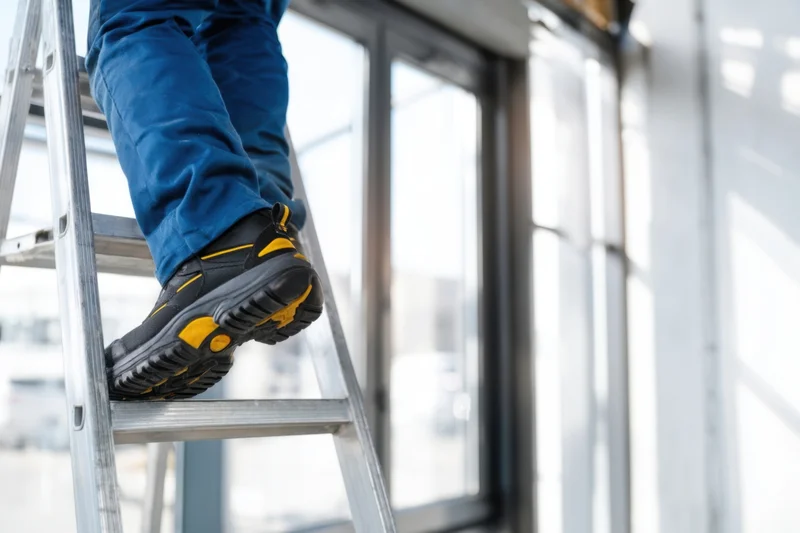 Worker climbing a metal ladder outside a building window