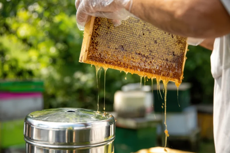 Man holding honeycomb frame dripping honey into stainless steel extractor outdoors