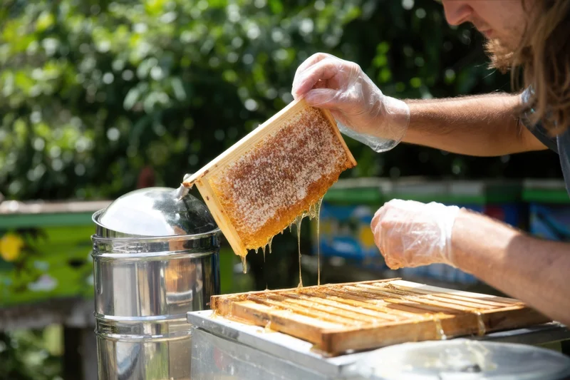 Beekeeper extracting honey from a comb into a stainless steel extractor outdoors