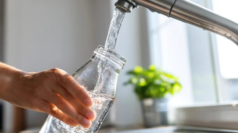 Hand pouring water from a kitchen faucet into a glass bottle near a window