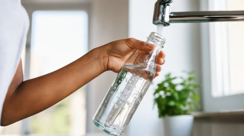 Person filling a glass bottle with water from a kitchen tap