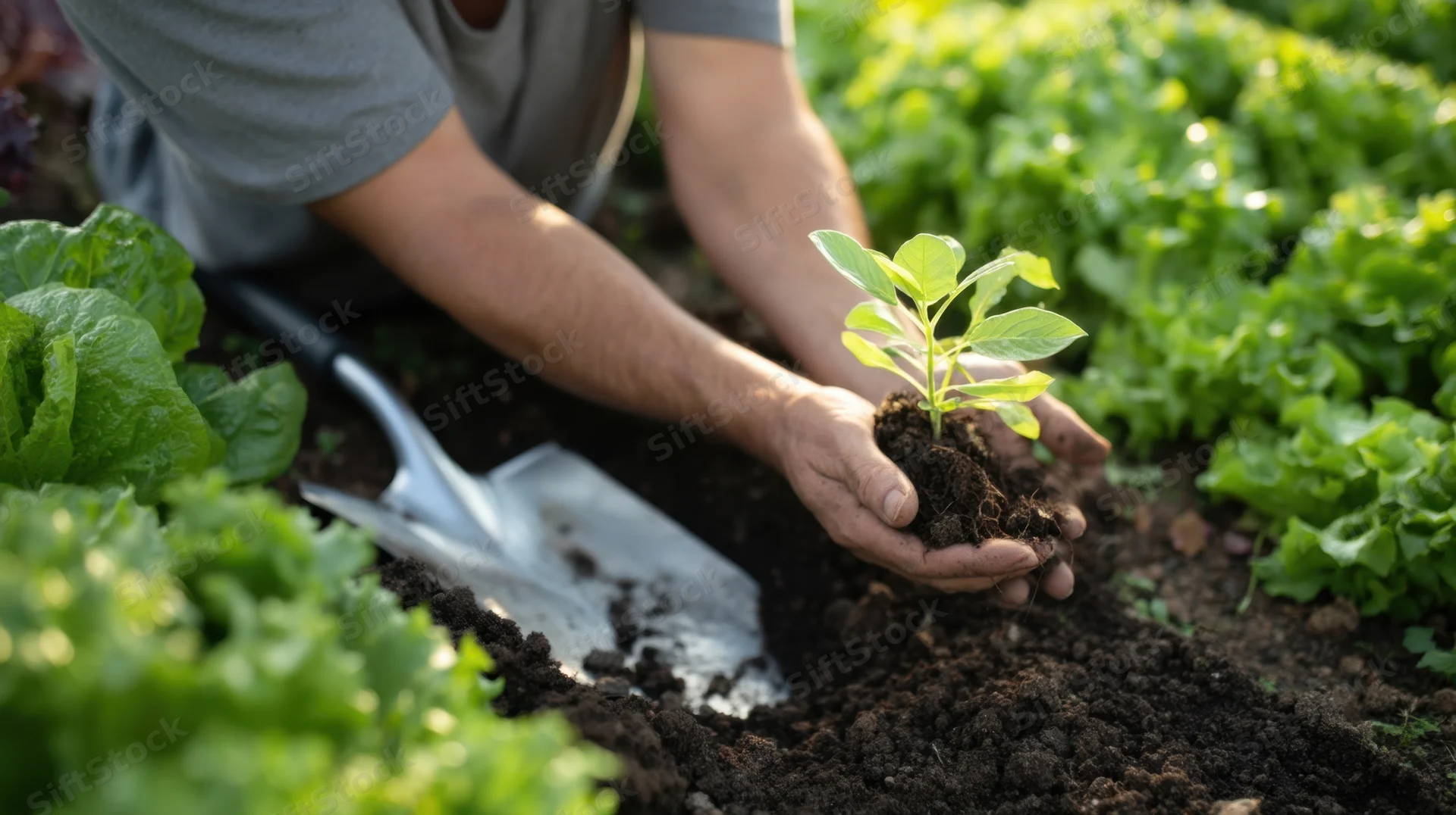 Farmer planting a seedling in a vegetable garden with a trowel nearby