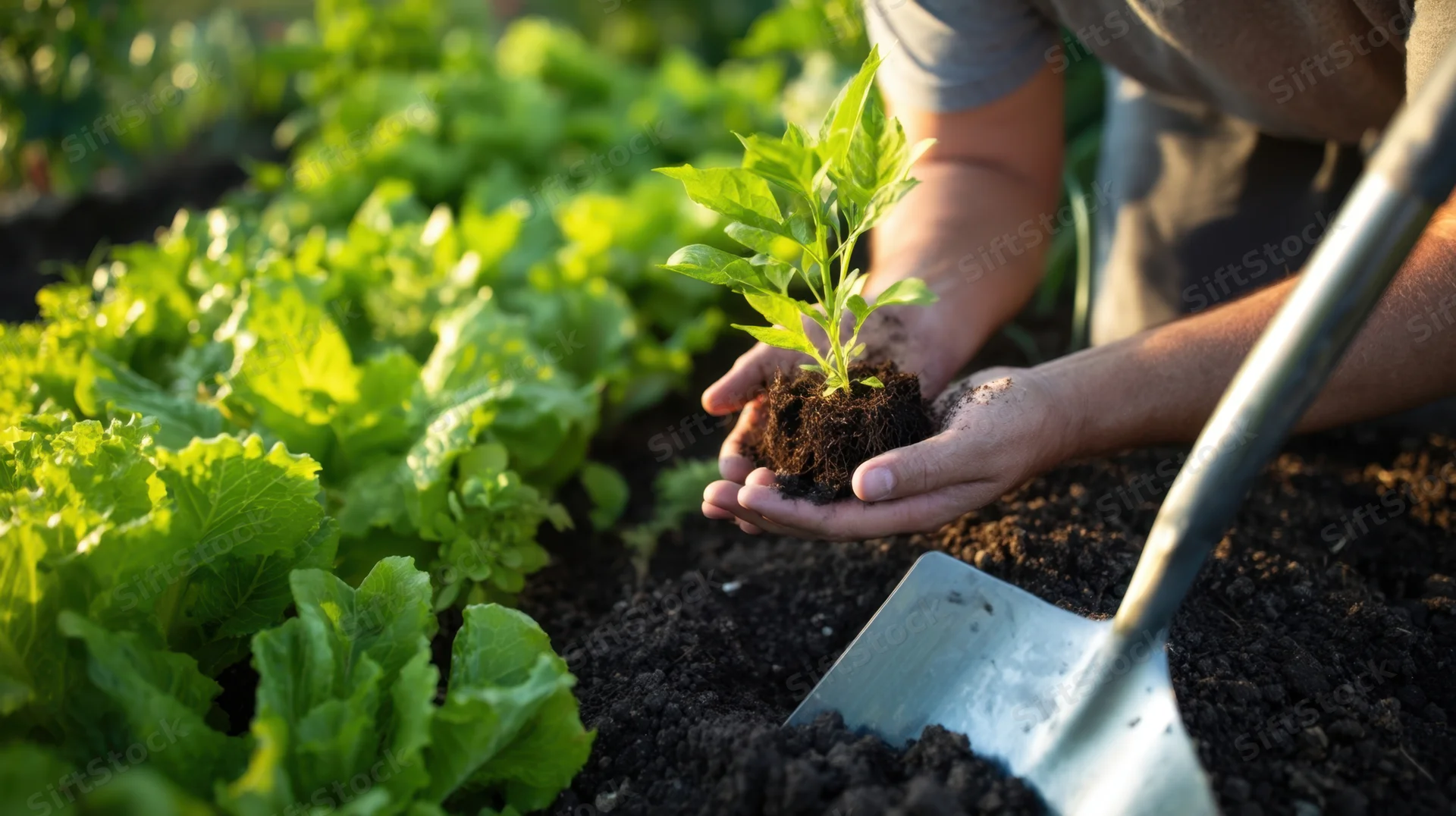 Person holding a seedling in soil with a shovel nearby in a vegetable garden