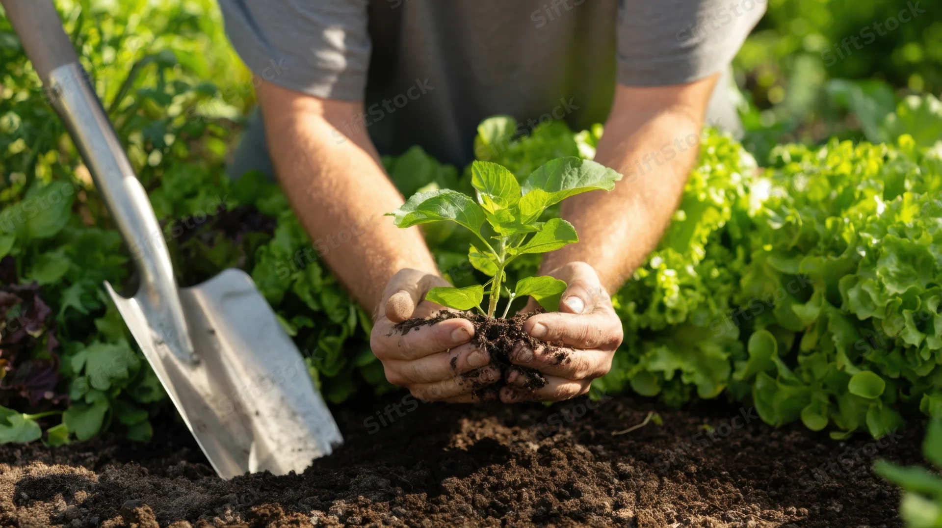 Hands holding a small green seedling with soil in a vegetable garden surrounded by leafy plants and a trowel nearby
