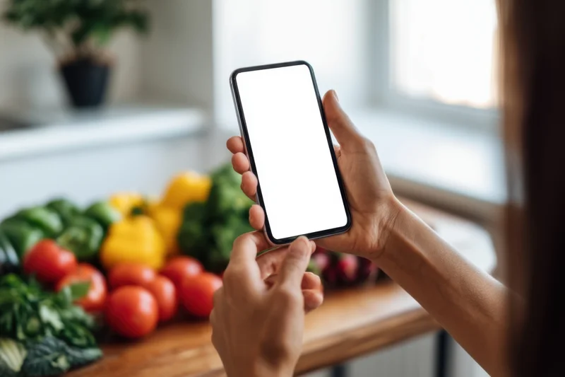 Woman holding smartphone with blank screen over kitchen counter with fresh vegetables
