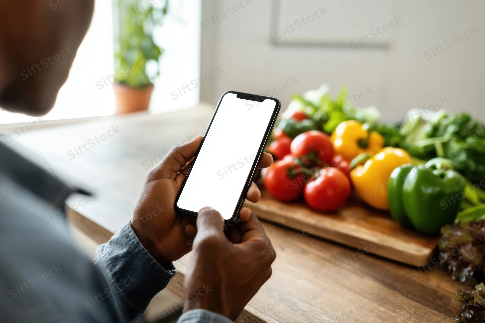 Man using smartphone with blank screen in kitchen near fresh vegetables on wooden cutting board