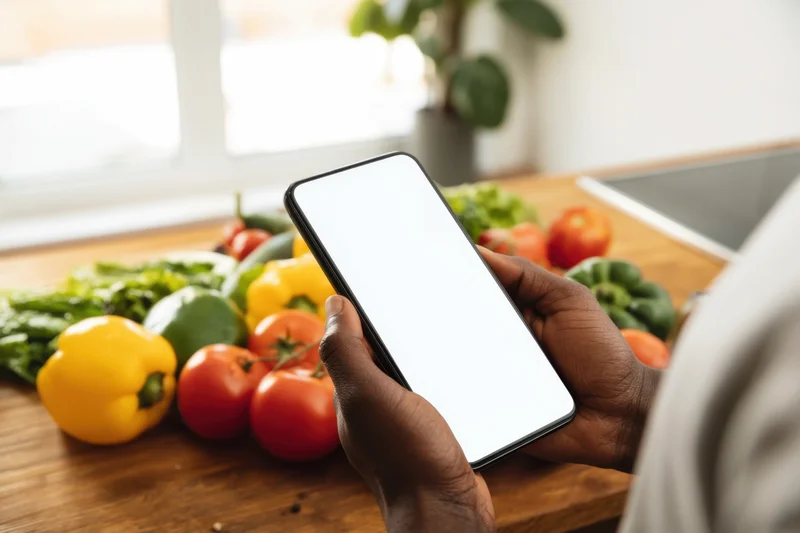 Hands holding smartphone with blank screen over vegetables on kitchen counter