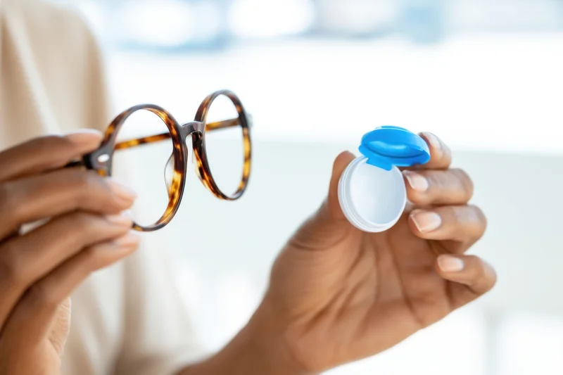 Woman holding eyeglasses and open contact lens case indoors