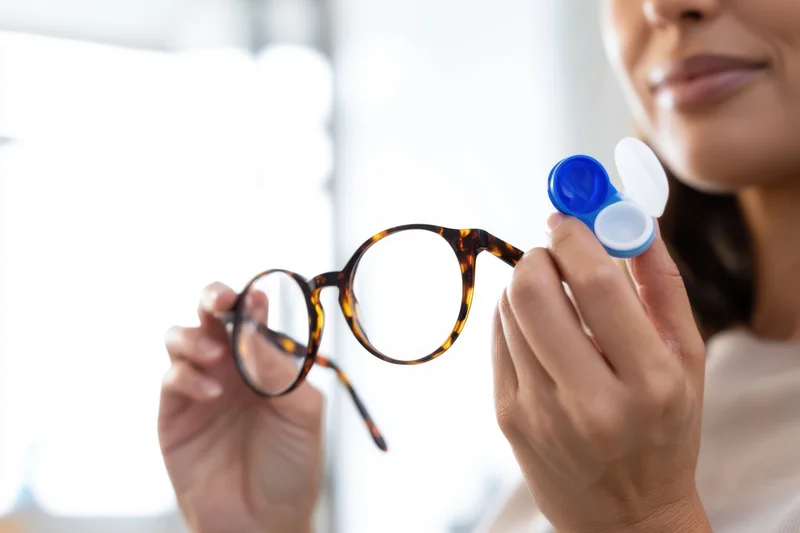 Woman holding tortoiseshell eyeglasses and open contact lens case indoors