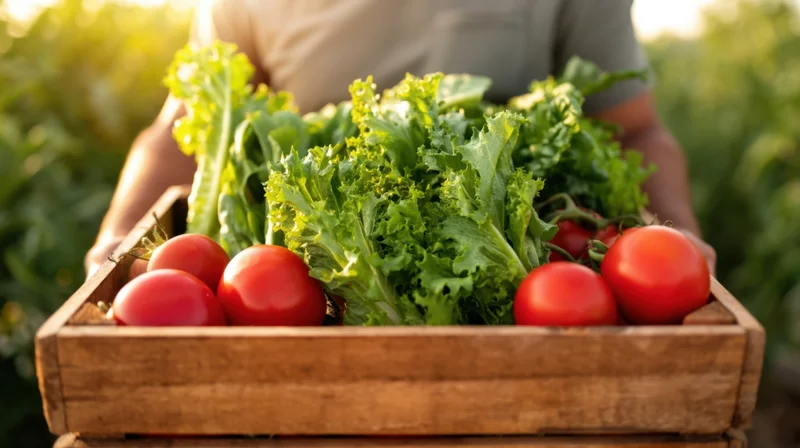Farmer holding wooden crate filled with fresh tomatoes and lettuce in garden