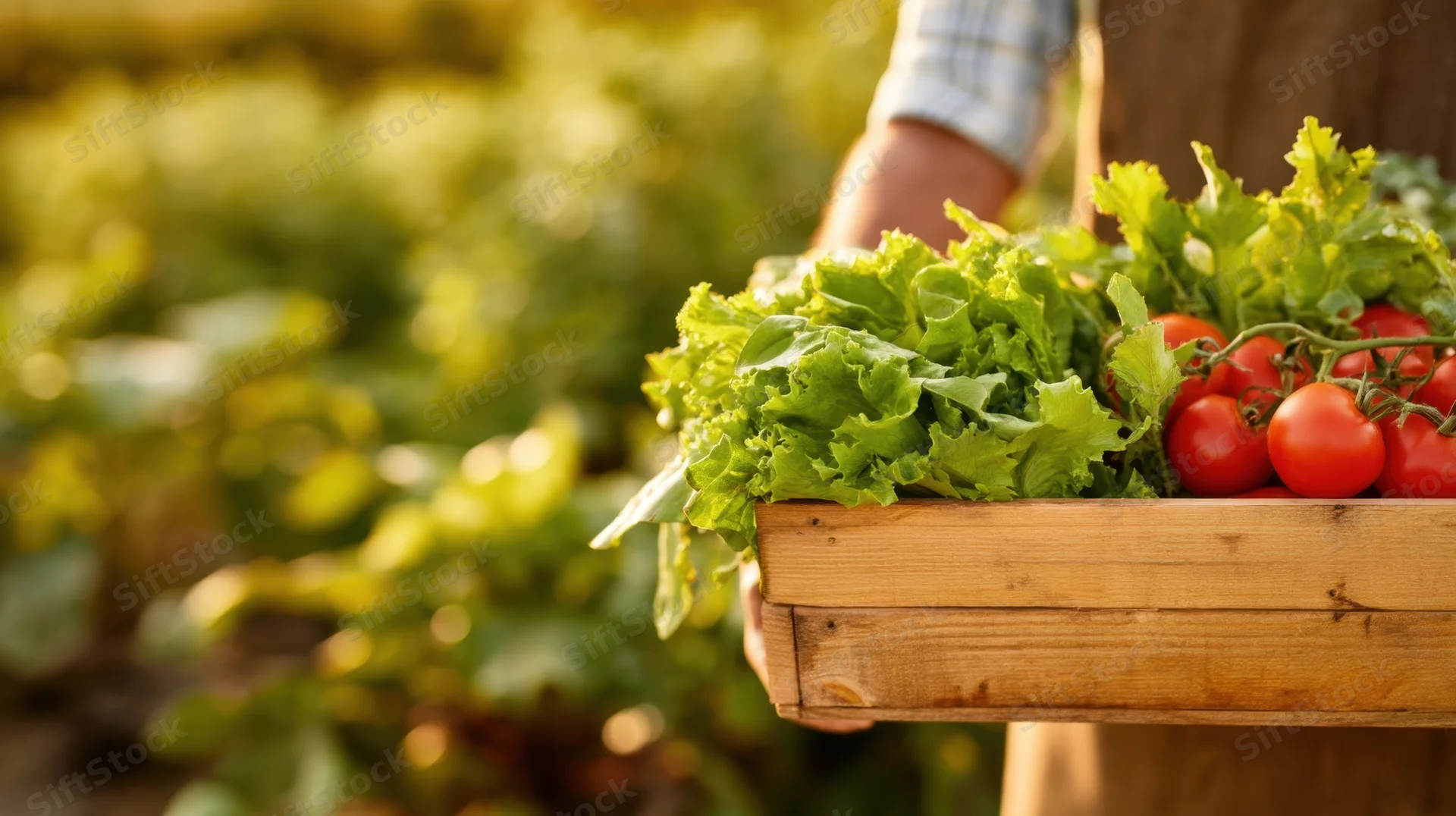 Farmer holding wooden crate filled with fresh tomatoes and lettuce in garden