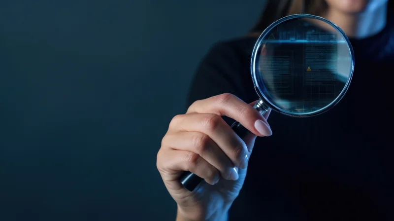 Woman holding magnifying glass over digital code display
