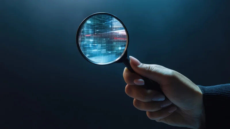 Hand holding magnifying glass over digital data display in dark setting