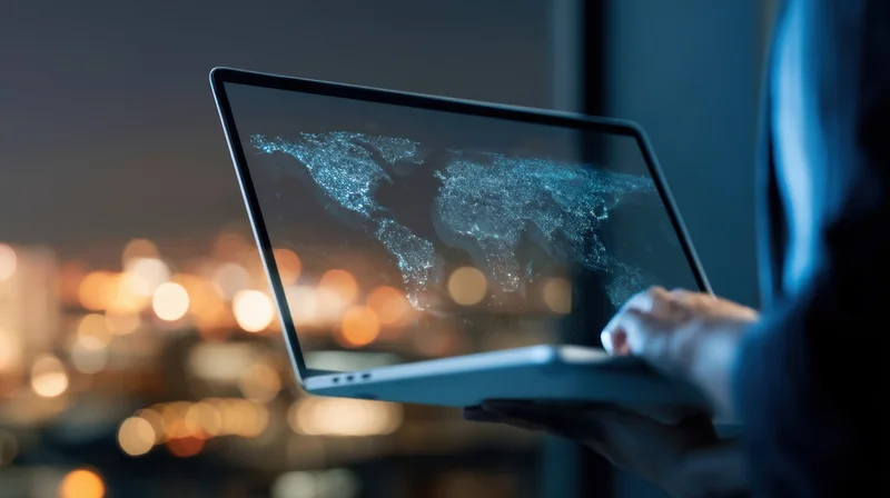 Woman holding laptop with digital world map on screen at night overlooking city lights