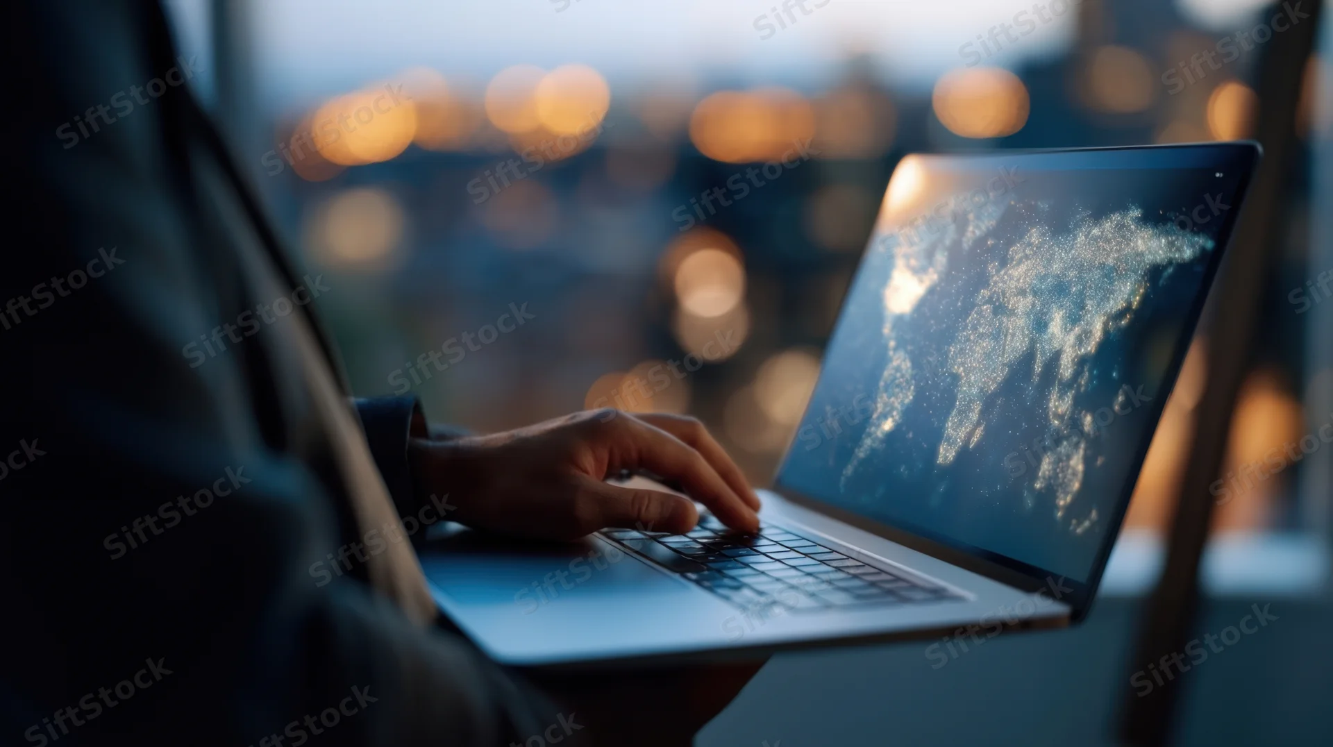 Person typing on laptop with world map on screen at night by city window