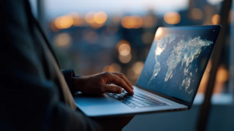 Person typing on laptop with world map on screen at night by city window