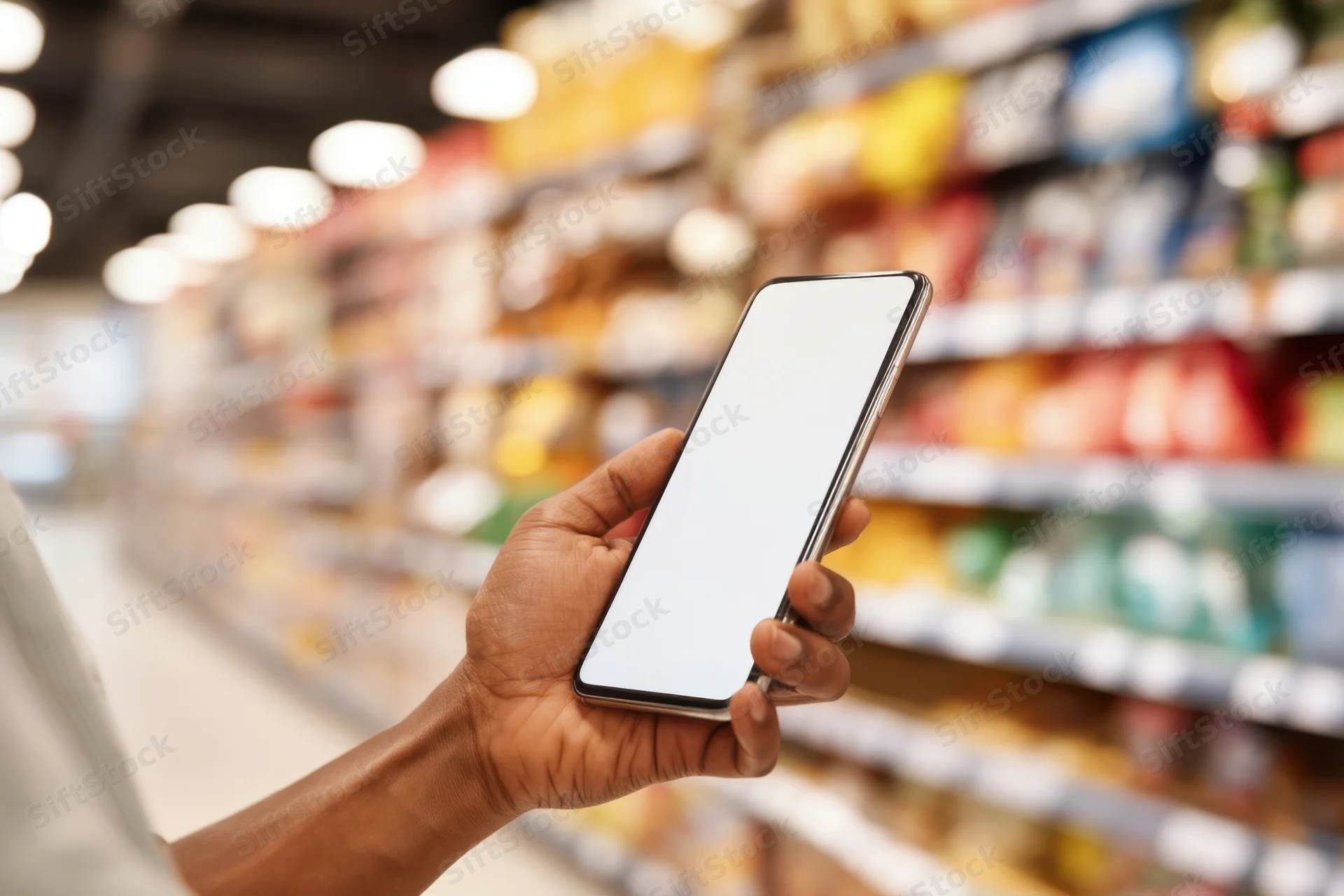 Hand holding smartphone with blank screen in grocery store aisle