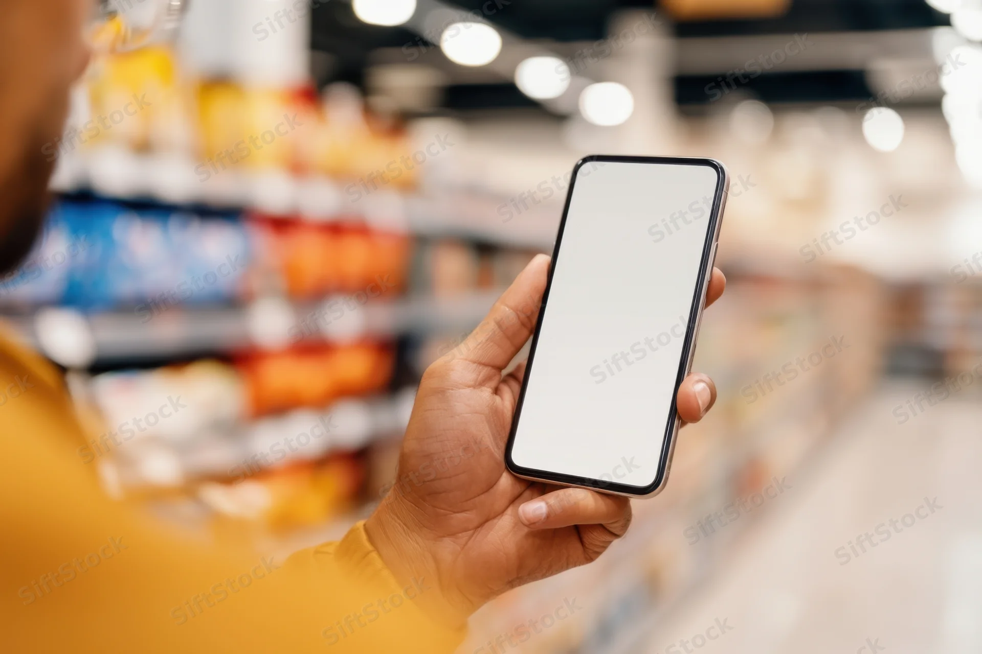 Man holding smartphone with blank screen in grocery store aisle