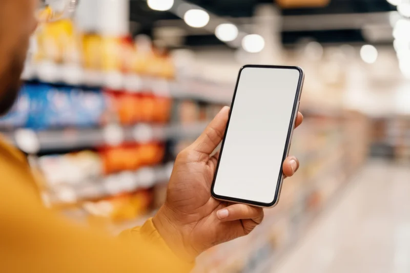 Man holding smartphone with blank screen in grocery store aisle