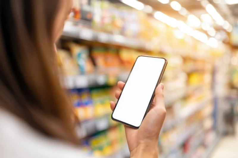 Woman holding smartphone with blank screen in grocery store aisle