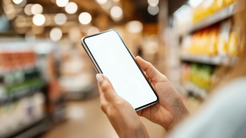 Woman holding smartphone with blank screen in grocery store aisle