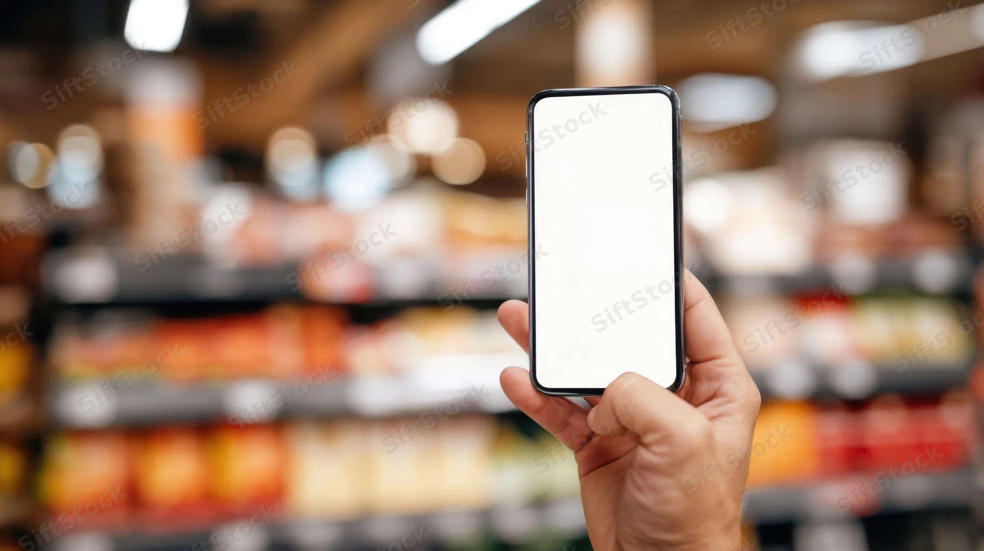 Hand holding smartphone with blank screen in grocery store aisle