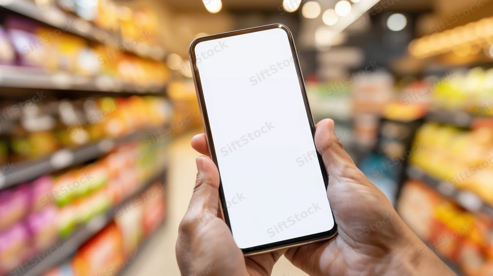 Hands holding smartphone with blank screen in grocery store aisle