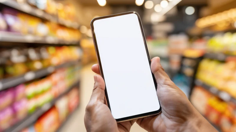Hands holding smartphone with blank screen in grocery store aisle