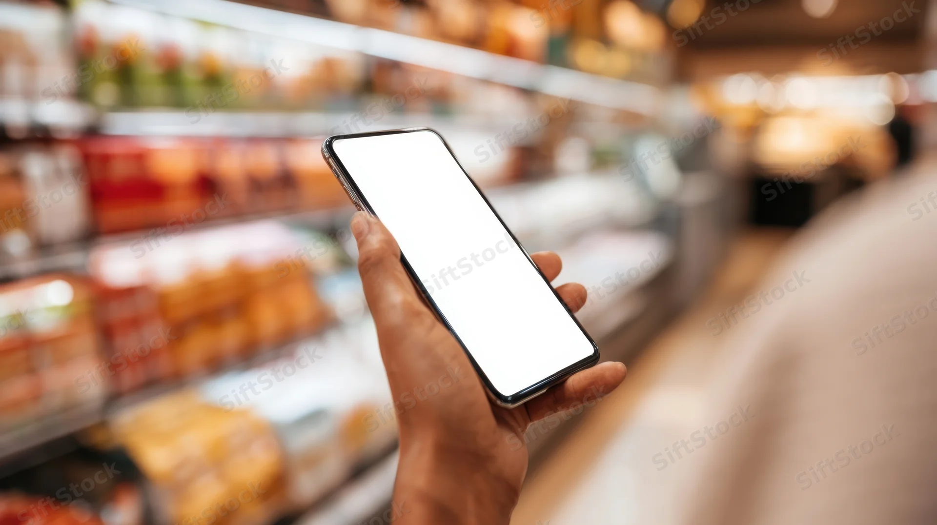 Hand holding smartphone with blank screen in grocery store aisle