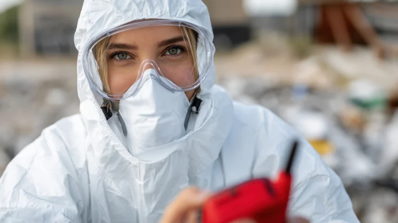 Woman in white hazmat suit holding red handheld device at landfill site