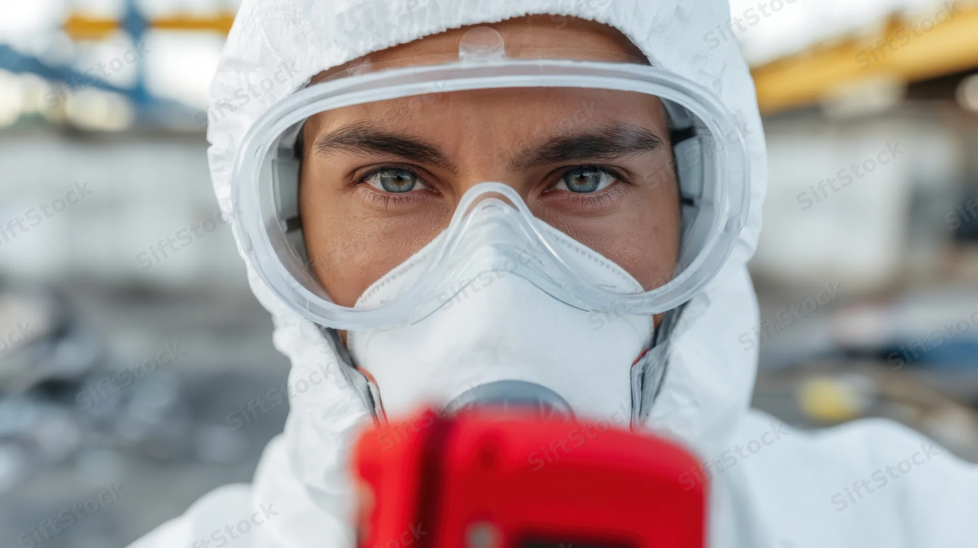 Male worker in white protective suit and respirator holding red handheld device in industrial setting