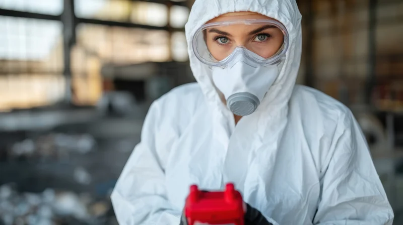 Woman in white hazmat suit with respirator and goggles holding red handheld device in industrial facility