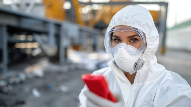 Woman in white hazmat suit with mask and goggles holding red smartphone at industrial facility