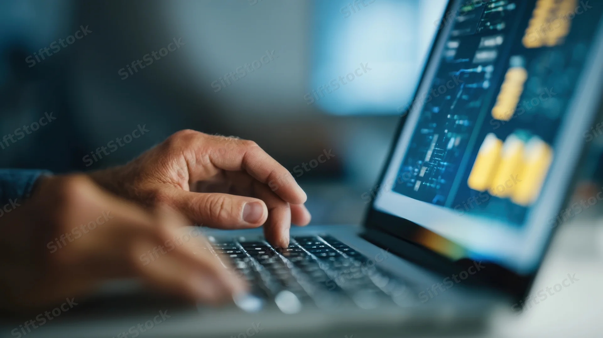 Hands typing on a laptop keyboard with code displayed on the screen in an office setting