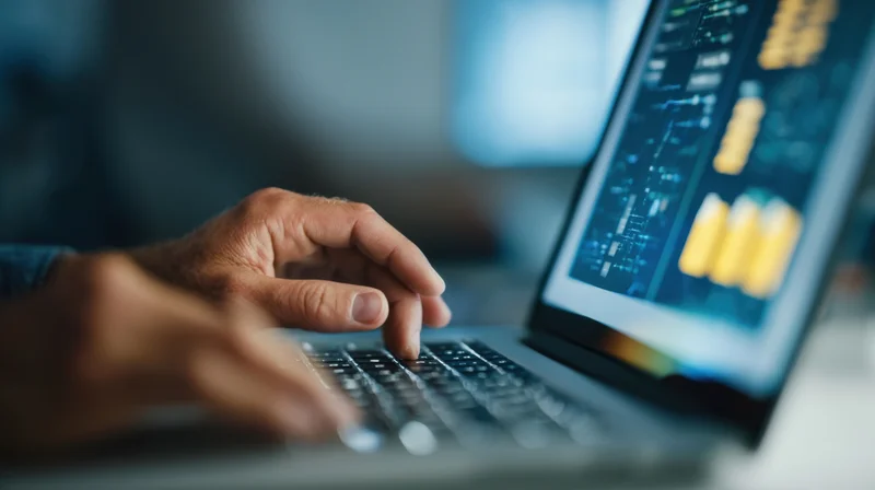 Hands typing on a laptop keyboard with code displayed on the screen in an office setting