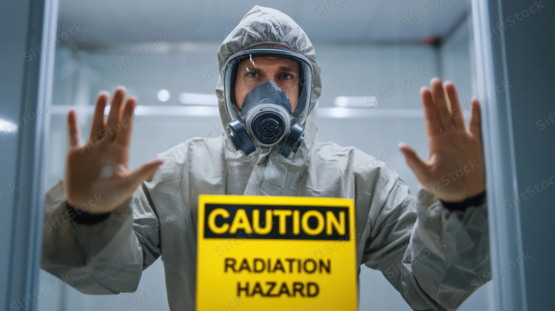 Man in protective suit holding radiation hazard sign with hands raised at containment door