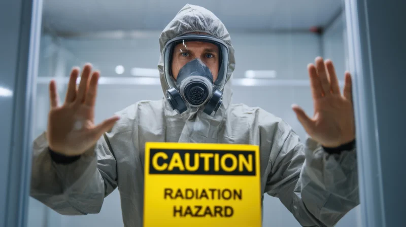 Man in protective suit holding radiation hazard sign with hands raised at containment door
