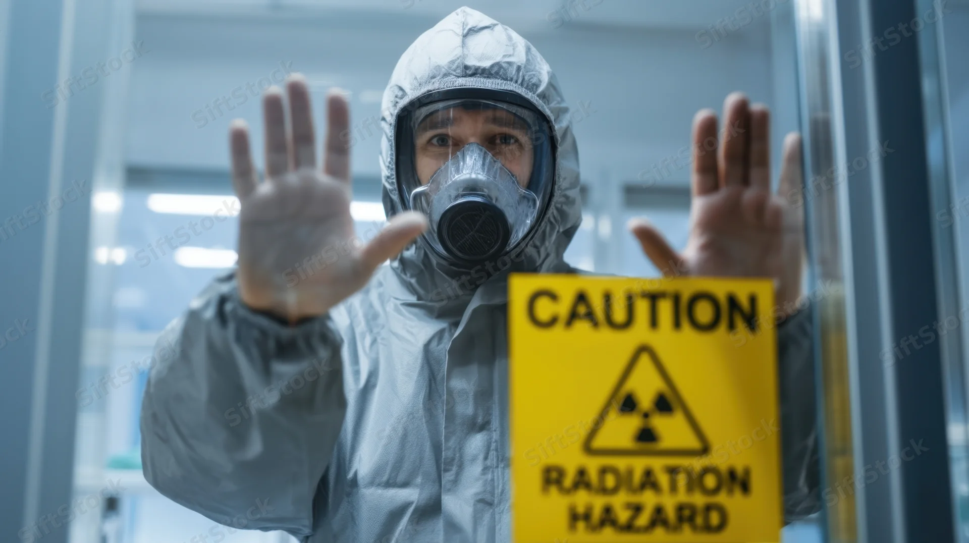 Scientist in protective suit and gas mask holding hands up against glass door with radiation hazard sign in laboratory