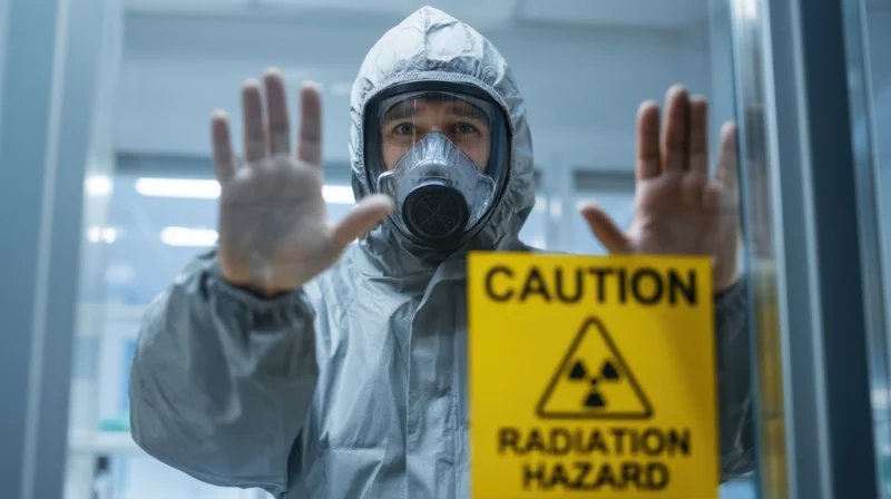 Scientist in protective suit and gas mask holding hands up against glass door with radiation hazard sign in laboratory