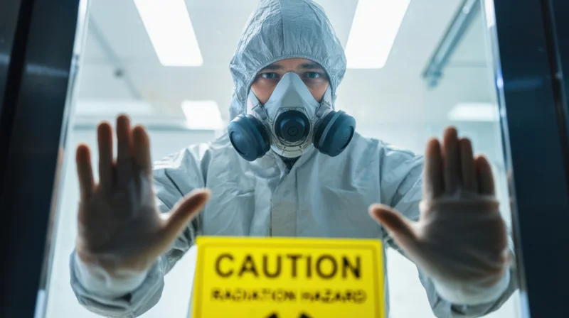 Scientist in protective suit with respirator and gloves pressing hands against glass door in laboratory with caution sign visible