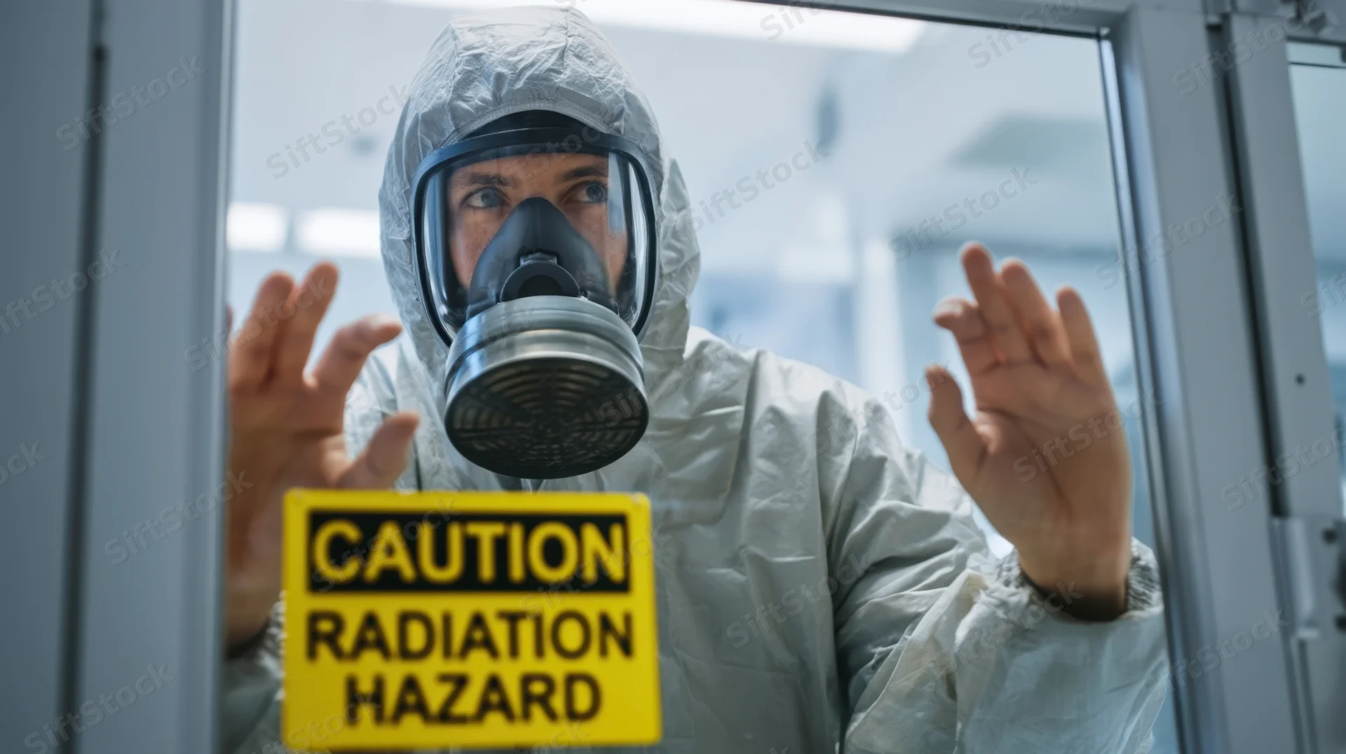 Scientist in protective suit with respirator behind glass window holding caution radiation hazard sign