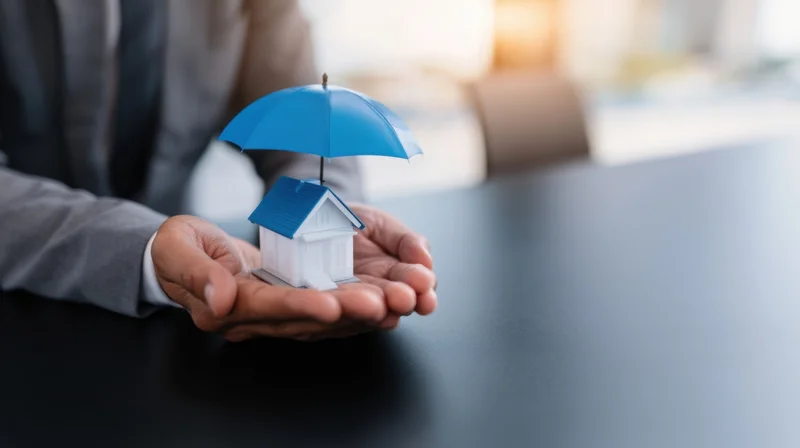 Businessman holding a miniature house under a blue umbrella on a desk