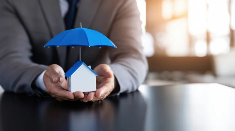 Man in suit holding miniature house under blue umbrella on office desk