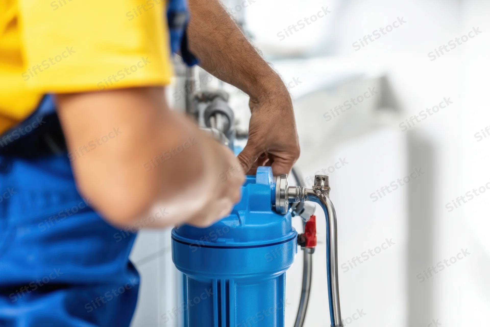 Plumber adjusting valve on blue water filter unit indoors