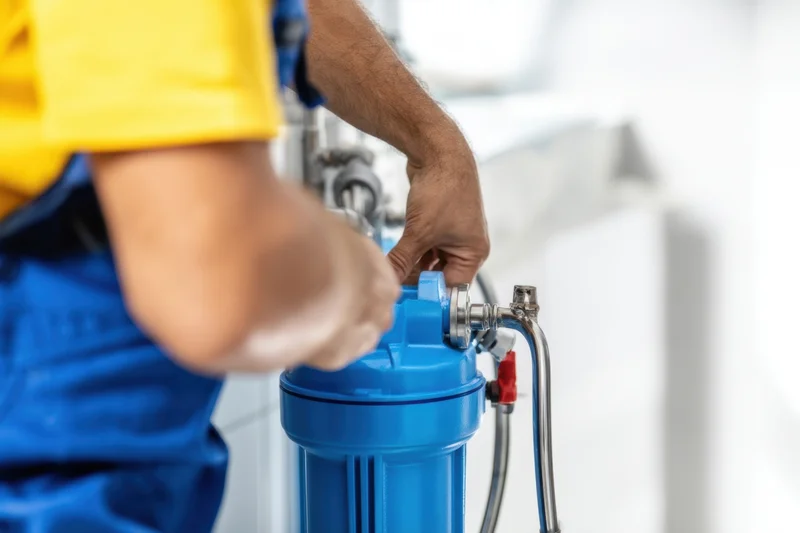 Plumber adjusting valve on blue water filter unit indoors