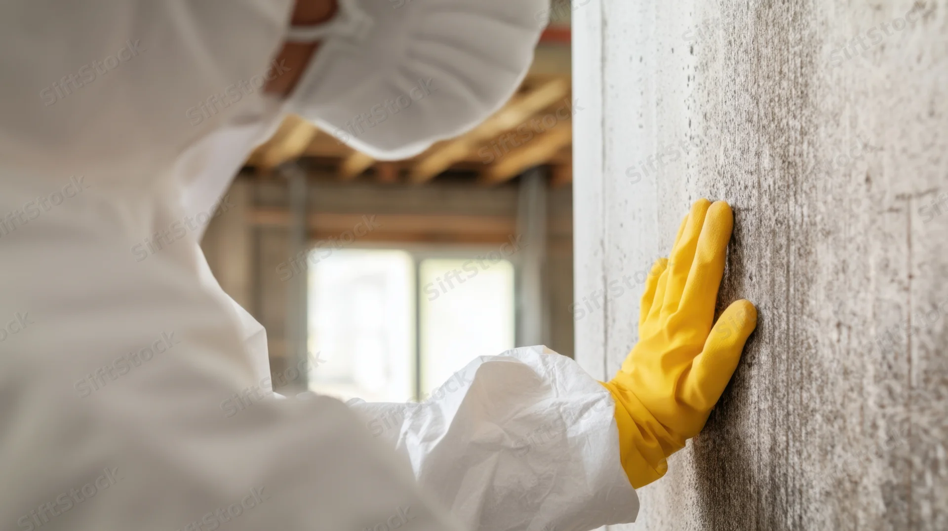 Worker in protective suit touching concrete wall during building inspection
