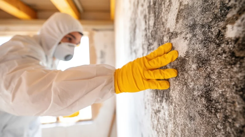 Worker in protective suit inspecting mold on interior wall