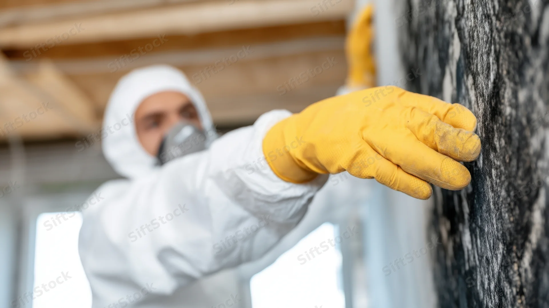 Worker in protective suit and yellow gloves touching black insulation material on wall during home renovation