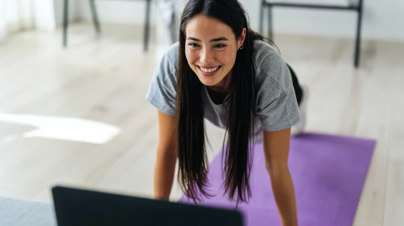 Woman doing plank exercise on yoga mat while smiling at laptop screen at home